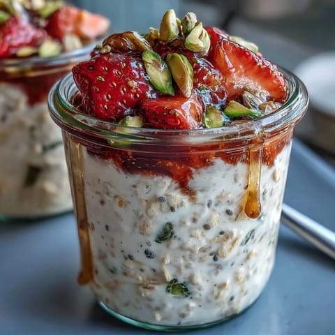 Layered strawberry and pistachio overnight oats topped with Greek yogurt, chia seeds, and a touch of vanilla for a make-ahead meal.