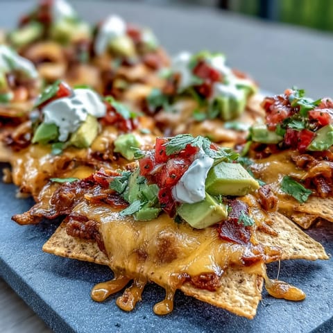 Vibrant summer party nacho board with crispy tortilla chips, melted cheese, and fresh strawberry salsa for a festive appetizer.