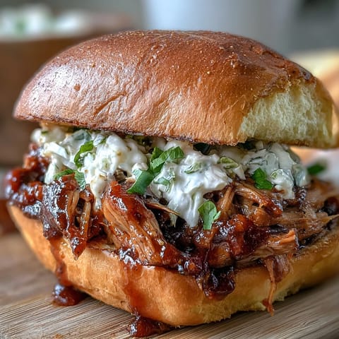 Slow-cooked BBQ pulled pork piled high on toasted slider buns, topped with creamy coleslaw for a flavorful party appetizer.  