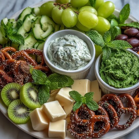 Vibrant St. Patrick's Day snack board filled with green fruits, veggies, and festive treats for a cheerful holiday spread.