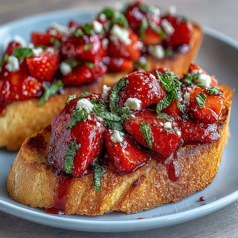 Fresh strawberry bruschetta with balsamic and mint, featuring juicy red berries and fragrant herbs on golden toasted baguette slices.