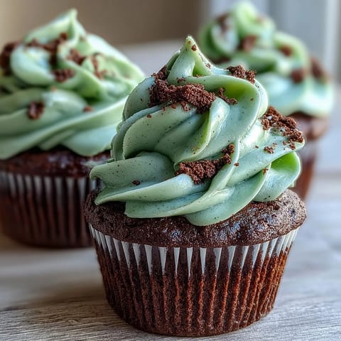 Moist green velvet cupcakes with cocoa flavor, topped with silky cream cheese frosting for a festive St. Patricks Day dessert.