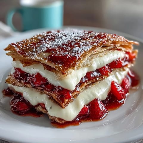 A slice of elegant strawberry crepe cake reveals delicate layers of crepes and mascarpone cream, topped with juicy fresh berries.  