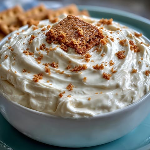 Three-ingredient cheesecake dip served with graham crackers for easy dunking