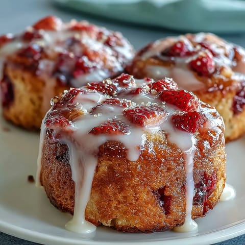 Golden strawberry lemon muffins topped with a bright lemon glaze, perfect for a sunny spring brunch.