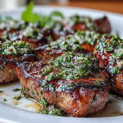 Juicy grilled lamb chops topped with vibrant mint gremolata, a zesty herb blend that elevates every bite.