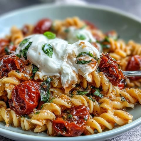 Al dente pasta tossed with juicy tomatoes, silky burrata, and aromatic basil for a rich Italian-inspired meal.  
