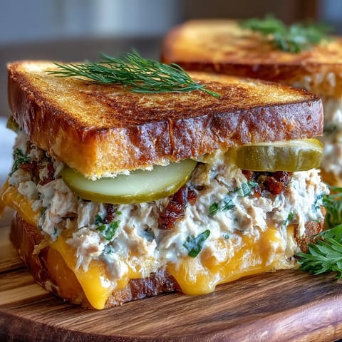 Crispy Tuna Melt sandwich with melted cheddar and pickles on golden buttered bread