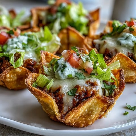 Golden mini taco cups boast crisp wonton shells filled with seasoned beef and melted cheese.