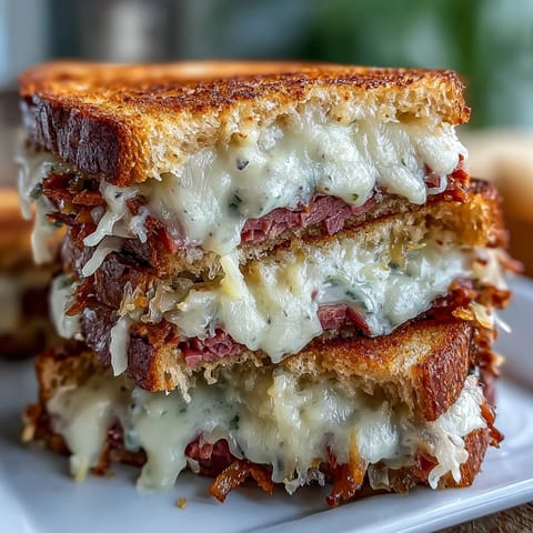 Melted Swiss cheese oozing from a buttery Reuben grilled cheese on rye.