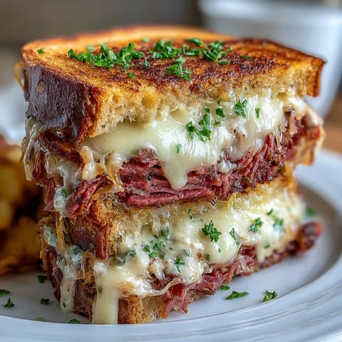 Golden-brown Reuben grilled cheese sandwich overflowing with corned beef and Swiss cheese.