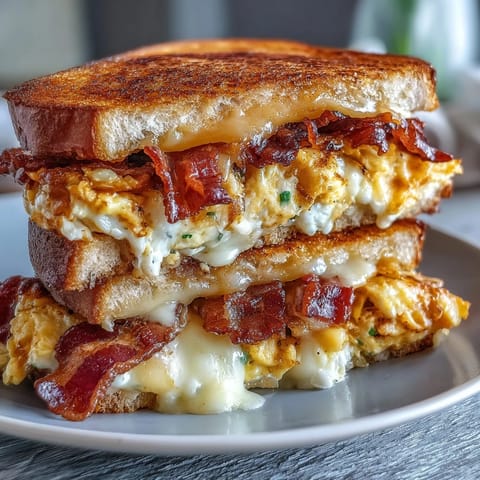 Bacon Egg and Cheese Grilled Cheese: crispy bacon, gooey cheese, and fluffy eggs grilled golden brown.