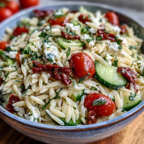 Vibrant Mediterranean Lemon Orzo salad with fresh veggies and crumbled feta.