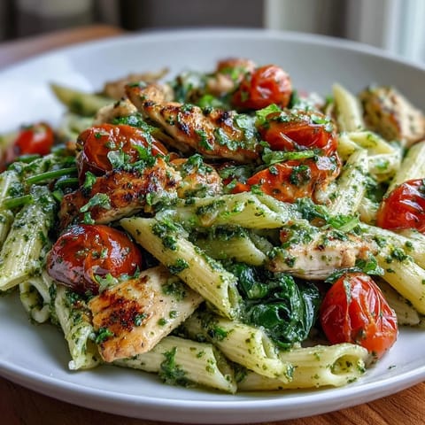 Tender chicken and al dente pasta in a flavorful One-Pan Chicken Pesto Pasta.