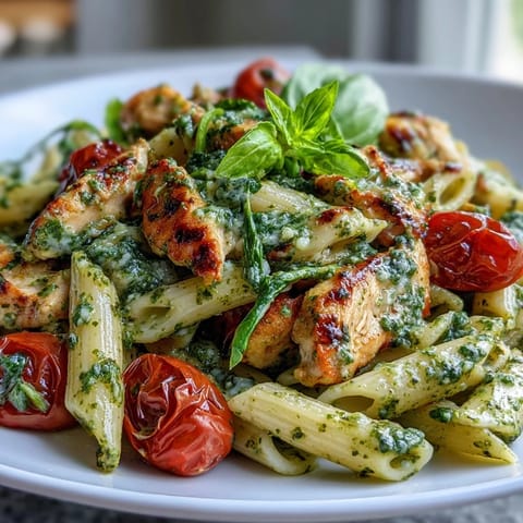 Creamy One-Pan Chicken Pesto Pasta with cherry tomatoes, spinach, and Parmesan.