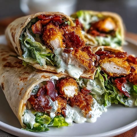 Golden-brown crispy chicken Caesar wraps with romaine, parmesan, and dressing.
