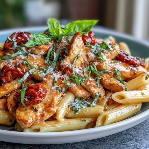Creamy Tomato Basil Chicken Pasta dish with tender chicken and vibrant herbs.