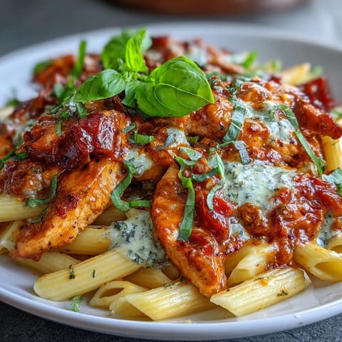Velvety Italian Creamy Tomato Basil Chicken Pasta, topped with fresh basil garnish.