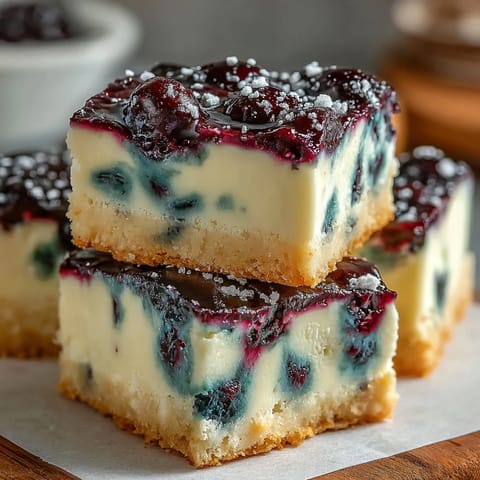 Creamy no-bake lemon blueberry cheesecake bars served chilled, visually swirled with fruit.