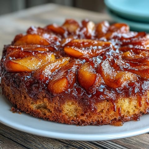 Caramelized peach topping adorns this warm, tender Brown Sugar Peach Upside-Down Cake.