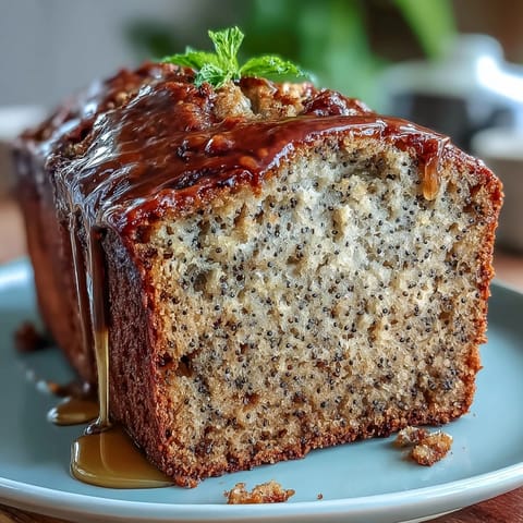 Golden-brown black sesame banana bread loaf topped with toasted seeds.