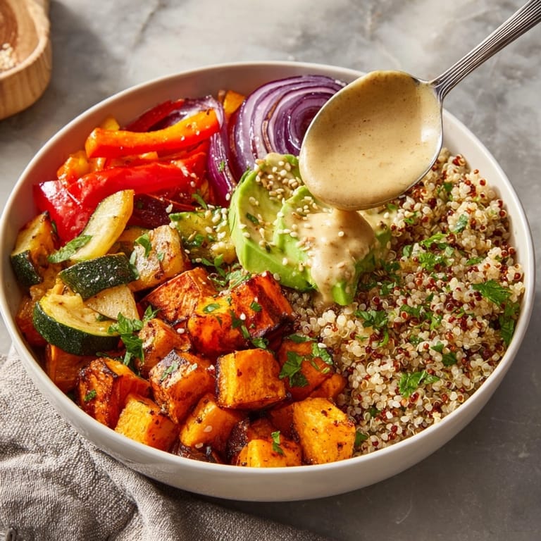 Close-up of fluffy quinoa bowl loaded with vibrant roasted vegetables and drizzled lemon-tahini dressing