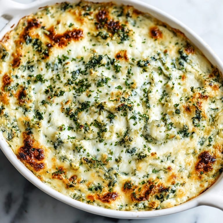 Golden, cheesy spinach and artichoke dip fresh from the oven, ready for dipping bread.