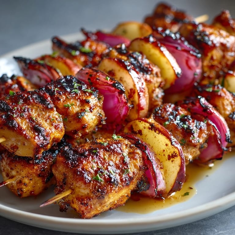 Juicy Maple Apple Chicken Skewers served hot, showcasing charred apples and tender chicken.