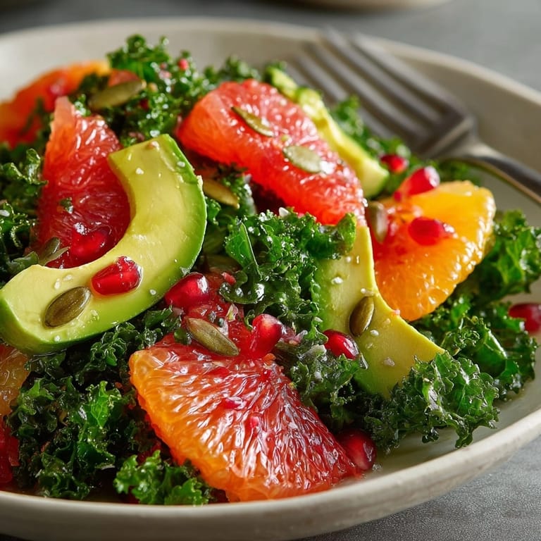 Bright Winter Citrus Kale Salad with Pomegranate and Avocado garnished with toasted pumpkin seeds