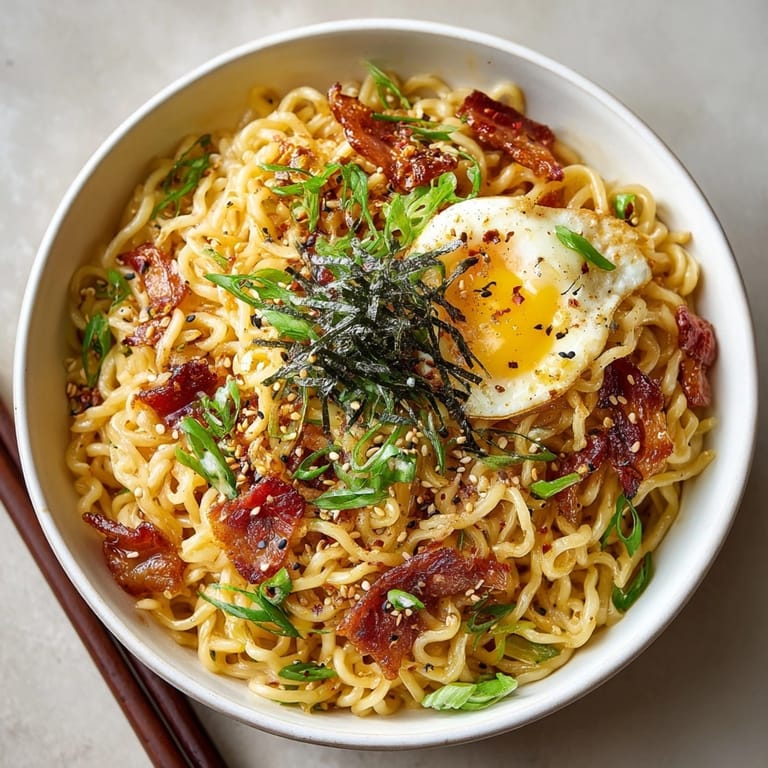 Silky noodles in a 15-Minute Japanese-Inspired Ramen Carbonara Bowl, perfect for a rich, quick dinner.