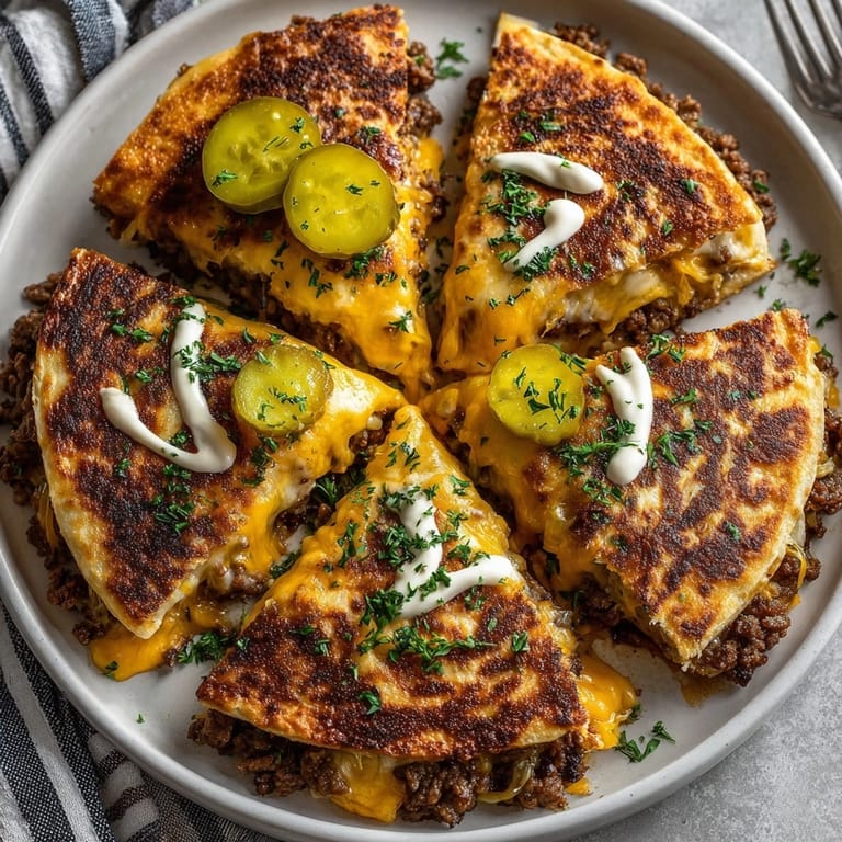 Closeup of crispy Melty Mashup Cheeseburger Quesadillas with Autumn Herbs, gooey cheese and fresh herb flecks visible.