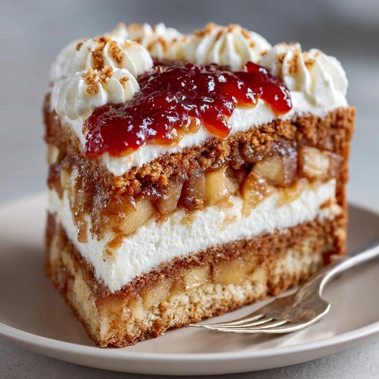 Close-up of Hear Me Out Cake with Seasonal Twist, crowned with apple compote and maple cream cheese.