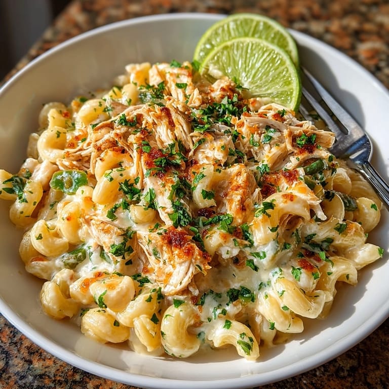 Close-up of creamy white chicken chili mac with melted cheese and tender shredded chicken pieces.