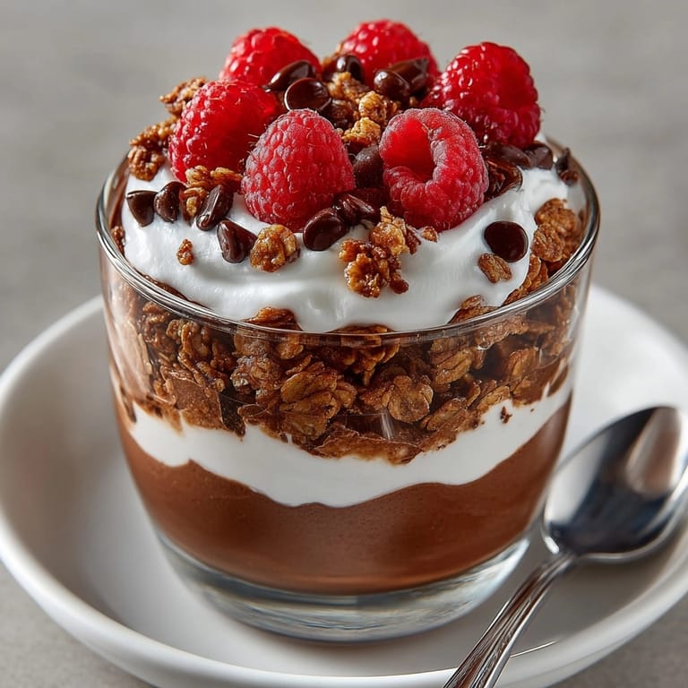 Budget-friendly cottage cheese chocolate mousse parfait topped with dark chocolate shavings and crunchy granola