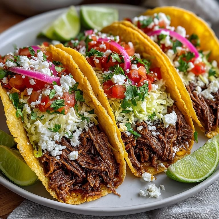 Warm tortillas brimming with slow cooker pot roast tacos, lettuce, tomatoes, and tangy pickled onions.