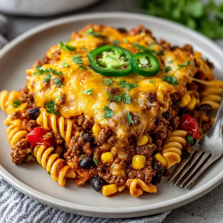 Creamy, cheesy 20-Minute Taco Pasta Bake bubbling fresh from the oven, topped with green onions.