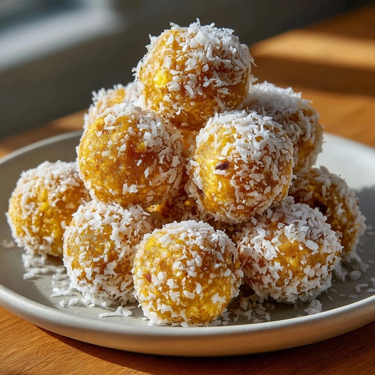 Close-up of Sweet Bites Bliss no-bake limoncello energy balls, glistening with lemon zest and coconut coating.