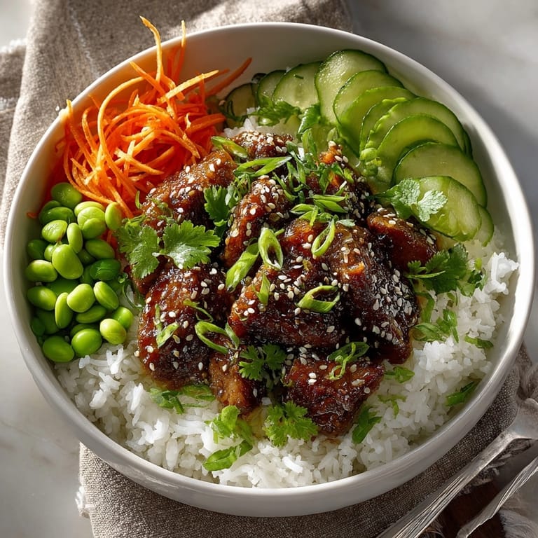 Closeup of Asian Fusion Quick Lunch: Teriyaki Chicken Rice Bowls garnished with sesame seeds and fresh cilantro for a lively meal.