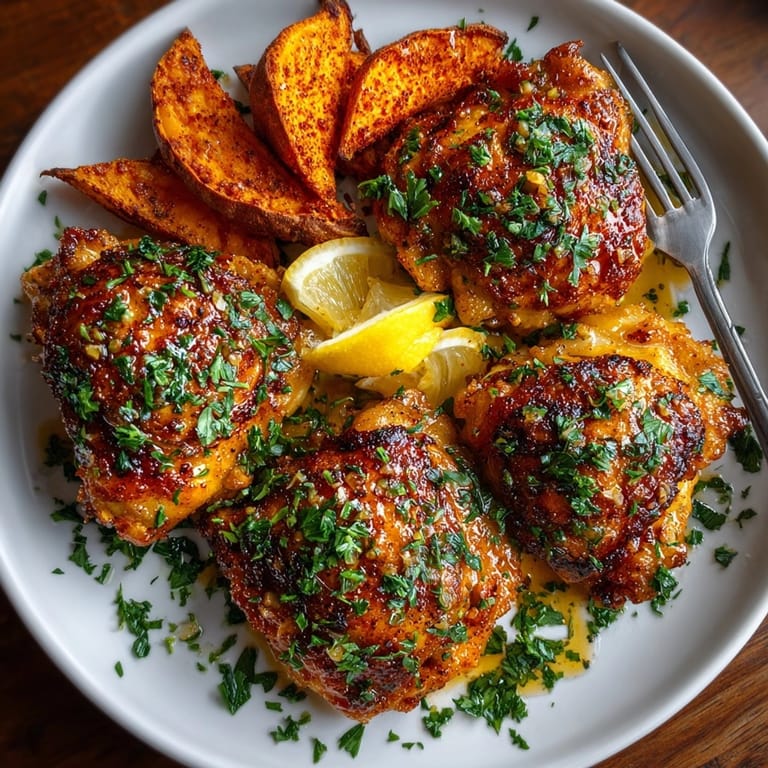 A close-up of a sheet pan honey garlic chicken dinner, complete with tender chicken and flavorful roasted sweet potato wedges.
