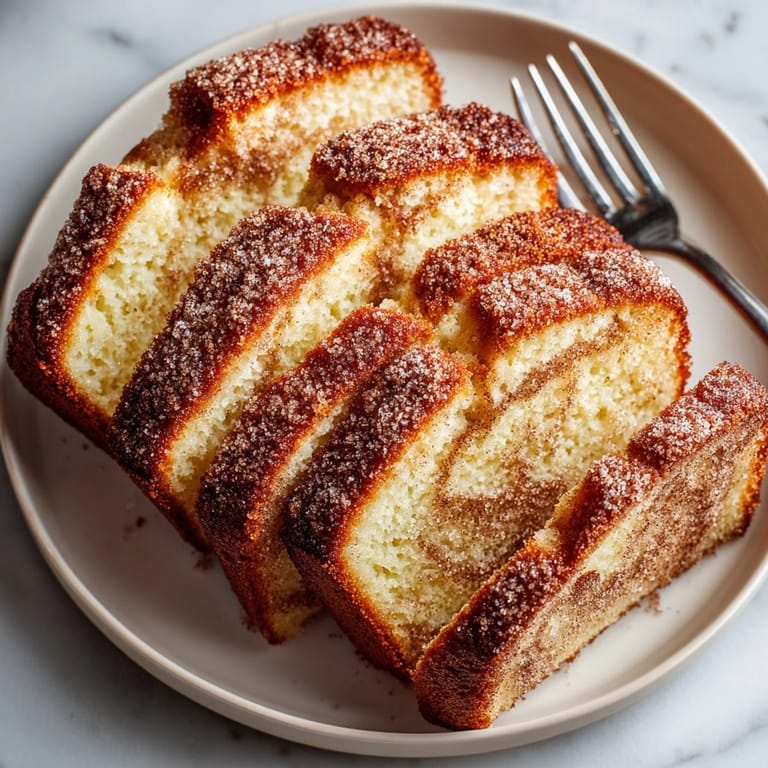 Close-up of a golden-brown Apple Cider Donut Loaf Cake, smelling of cinnamon and apples, so delicious.