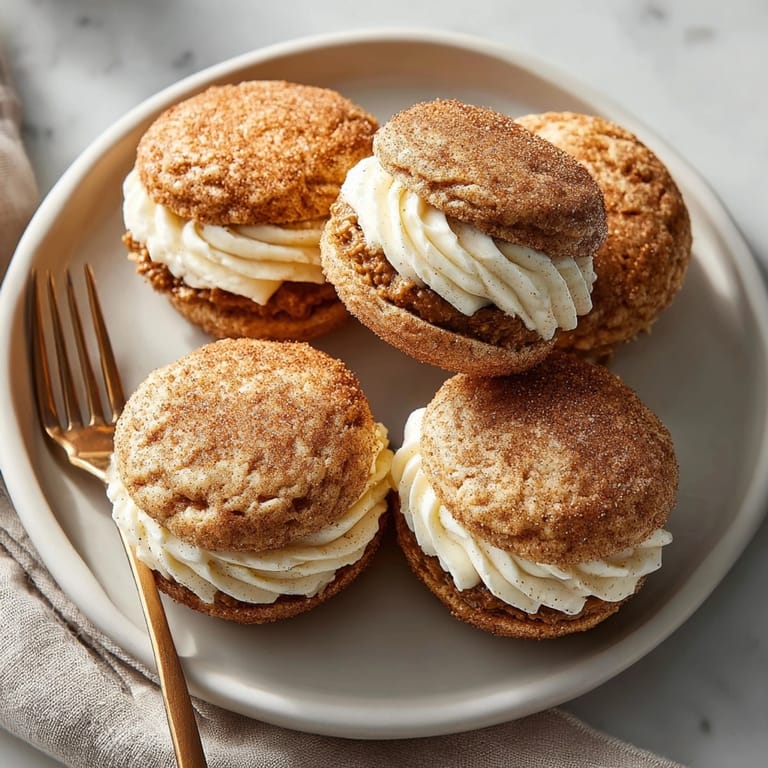 These festive Eggnog Snickerdoodle Sandwich Cookies are a delightful treat, layered with spiced eggnog buttercream.