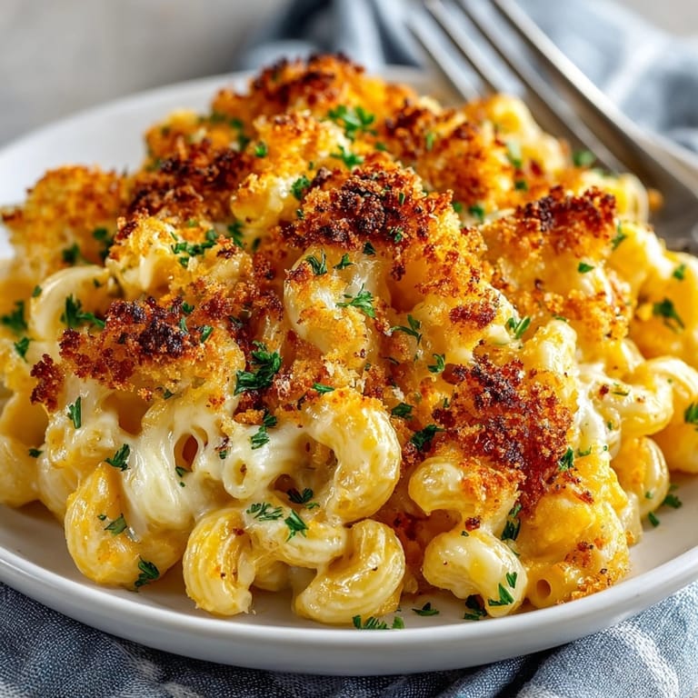 A comforting bowl of Cozy Fall Butternut Squash Mac and Cheese, topped with crispy breadcrumbs.