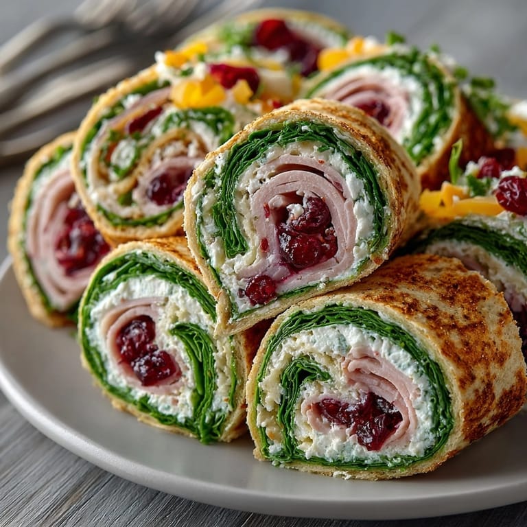 These Holiday Party Pinwheel Wraps with Cranberry show vibrant layers of cheese, meat, and cranberry, perfect for your party!