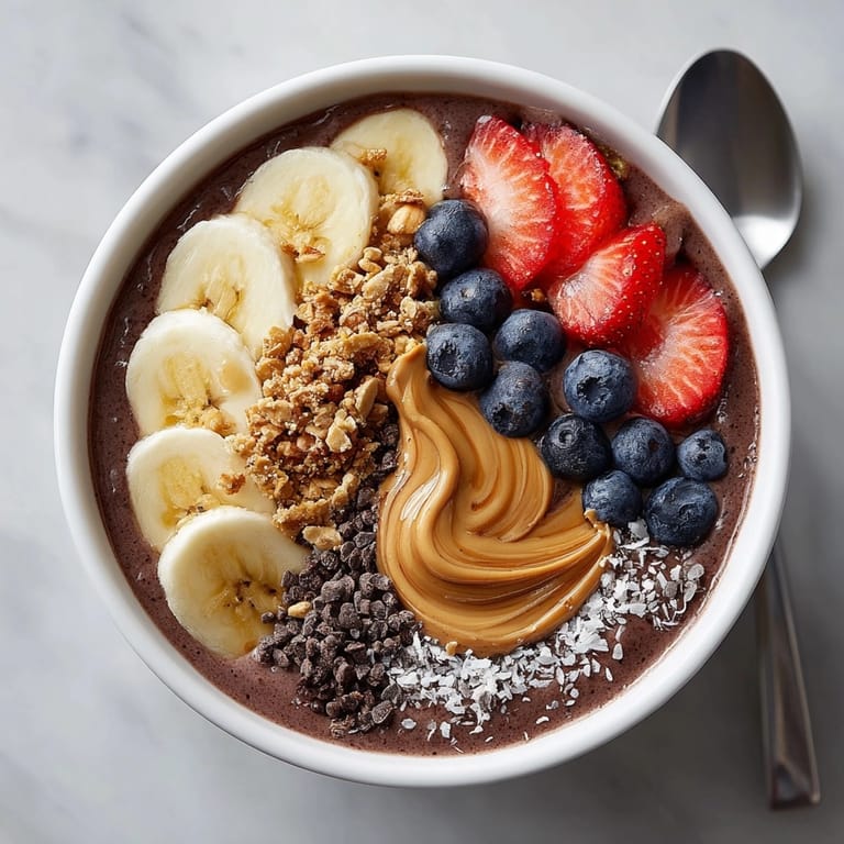 Nutritious chocolate peanut butter protein smoothie bowl ideal for breakfast, featuring crunchy granola and chia seeds.