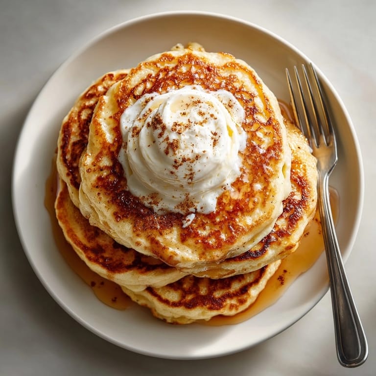 Fluffy ricotta pancakes drizzled with cinnamon maple butter, creating a cozy brunch scene.