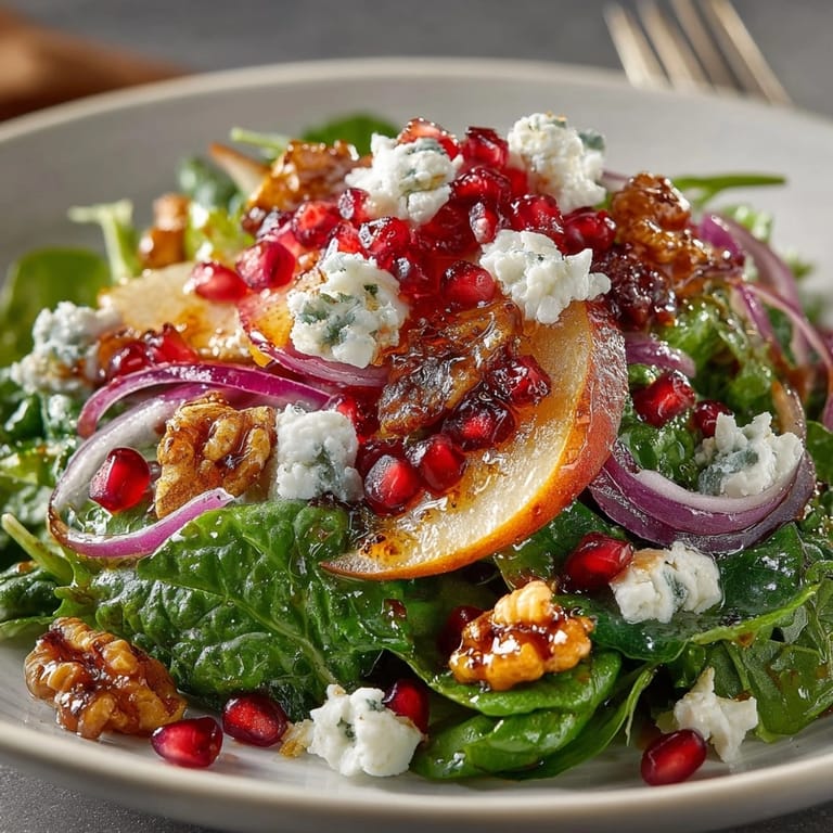 Vibrant Pomegranate Feta Winter Salad with Candied Nuts topped with creamy cheese and glistening fruit.