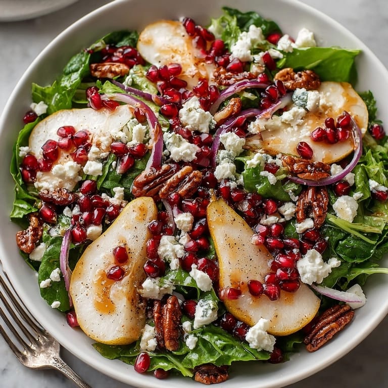 Close-up of Pomegranate Feta Winter Salad with Candied Nuts, featuring colorful produce and crunchy texture.
