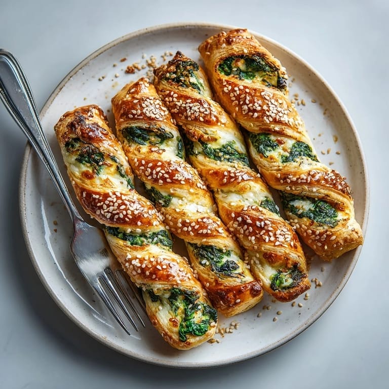 Ricotta and spinach puff pastry twists sprinkled with sesame seeds, perfect for party snacking.