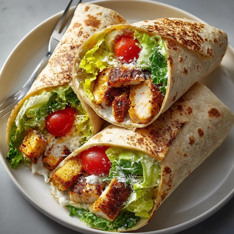 Freshly grilled Cajun Chicken Caesar Wraps wrapped in tortillas with creamy dressing and shredded Parmesan.