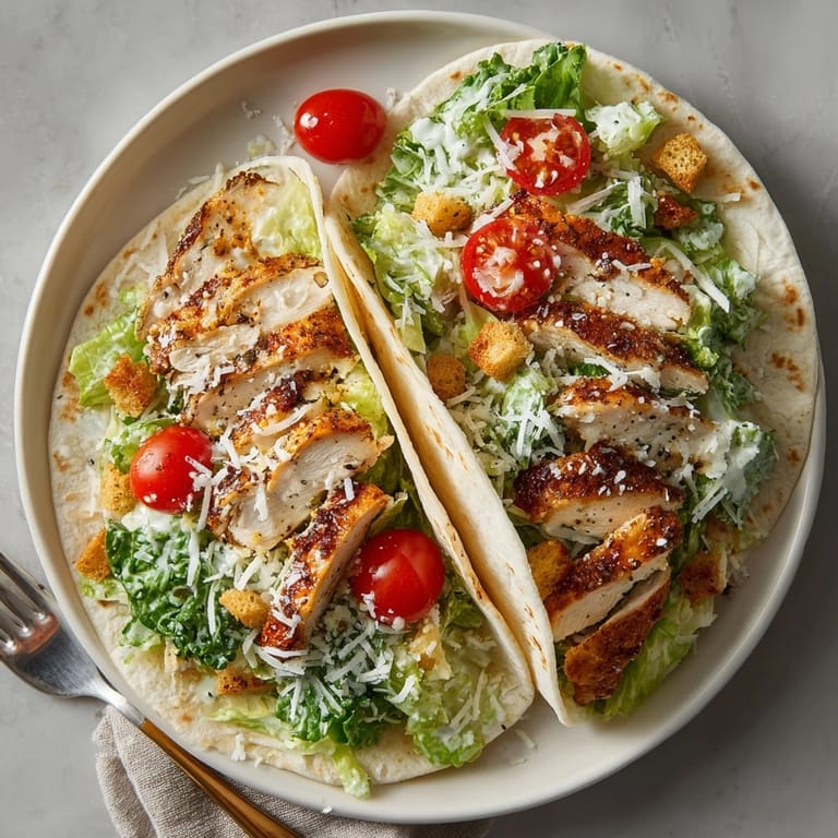 Close-up of Cajun Chicken Caesar Wraps, smoky chicken nestled with tangy Caesar salad inside tortillas.